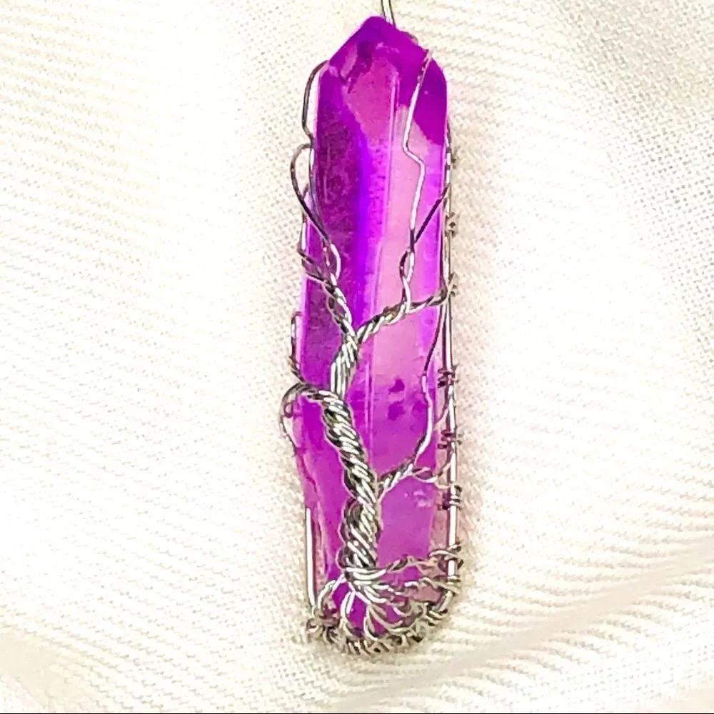 Wire Wrapped Quartz Crystal Necklace Tree of Life, Lavender - Picture 2 of 15